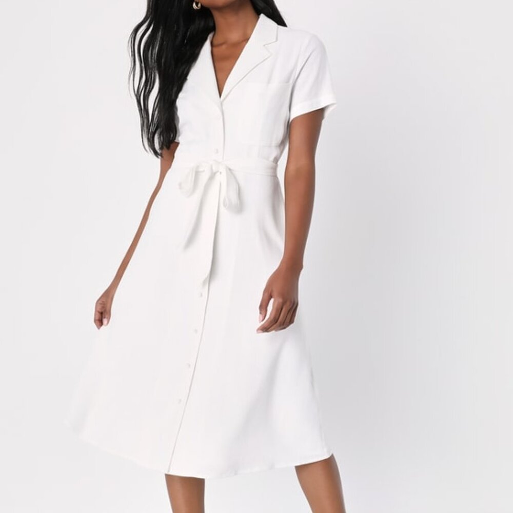 Lulus Sweet Sincerity White Linen Button-up Midi Dress With Pockets - Size XL